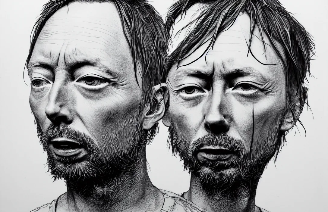 Image similar to thom yorke portrait, in the style of kim jung gi