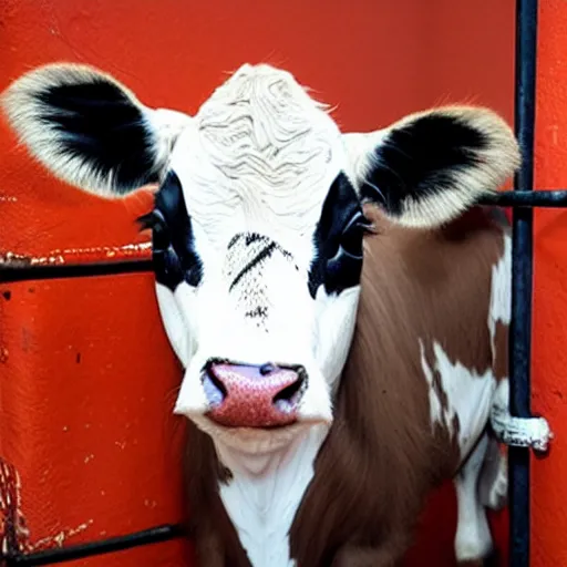 Image similar to cute calf with big eyes dressed as an inmate inside a jailcell