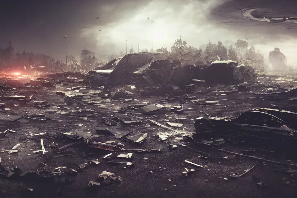 Image similar to road wreckage floating in space, dark cinematic, volumetric, realistic, 3 d render, realistic render, cinematic lighting, volumetric lighting, atmospheric, cinematic, unreal engine 5, unreal engine render, octane render, hd, photorealism, hyper realistic, 8 k