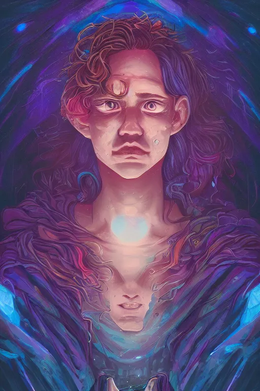 Image similar to overly dramatic emotional portrait of jewel wizard dreamer in the style of Rob Lefield and Dan Mumford , trending on artstation, digital art,surrealism ,macro,blueprint ,vaporwave ,