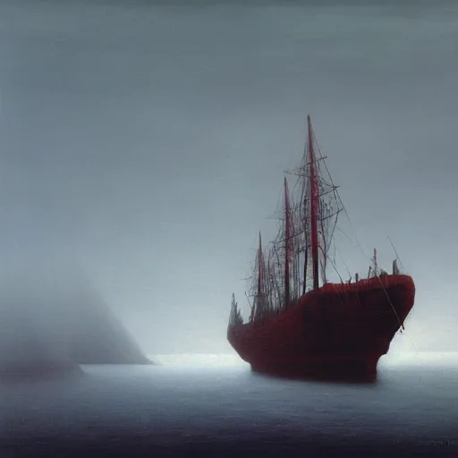 Image similar to an ice ship by Zdzisław Beksiński, oil on canvas