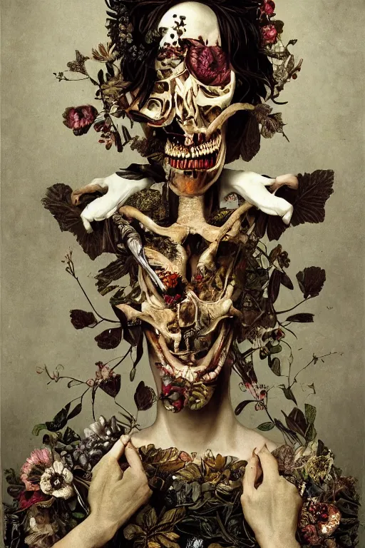 Image similar to Detailed maximalist portrait with large lips and with large white eyes, exasperated expression, extra fleshing limbs, botany bones, HD mixed media, 3D collage, highly detailed and intricate, surreal illustration in the style of Caravaggio, dark art, baroque