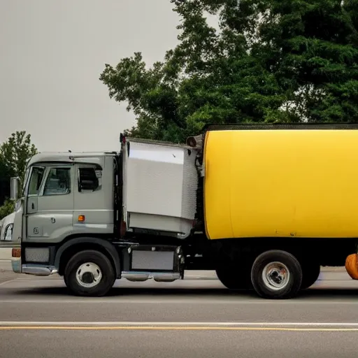 Prompt: a truck hauling a giant lemon