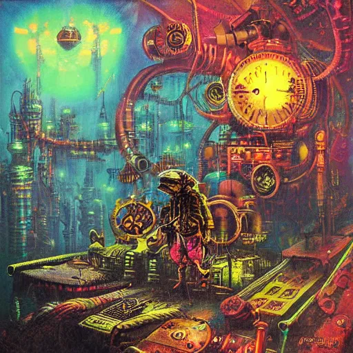 Image similar to steampunk rat, acid, 303, psychedelic, by paul lehr, cd cover