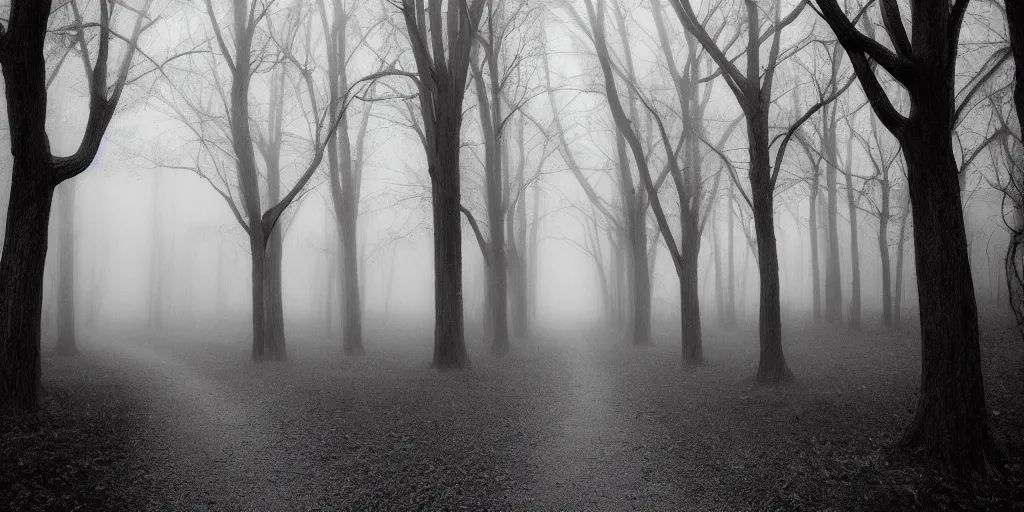 Image similar to dark path creepy trees arching grayscale fog