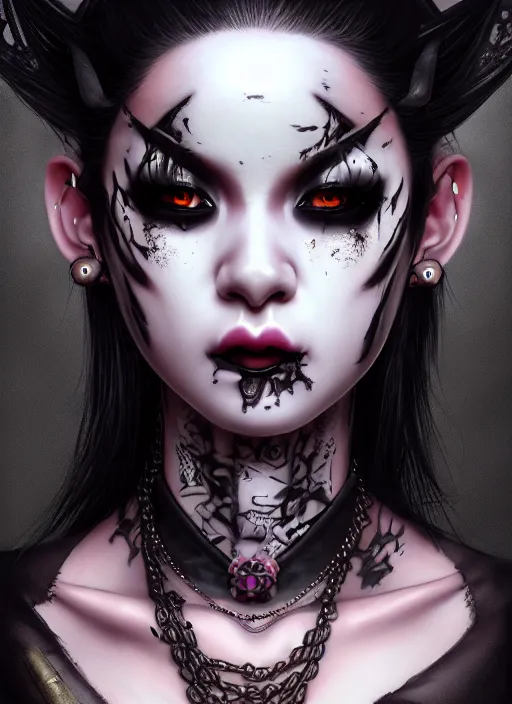 Prompt: soft lustrous ebony geisha seductive raver yakuza gothic cyborg gutter punk, urban decay, horrorcore, underworld, dark fantasy, dark art, highly detailed, digital painting, octane render, artstation, concept art, smooth, sharp focus, illustration, art by artgerm, loish, wlop