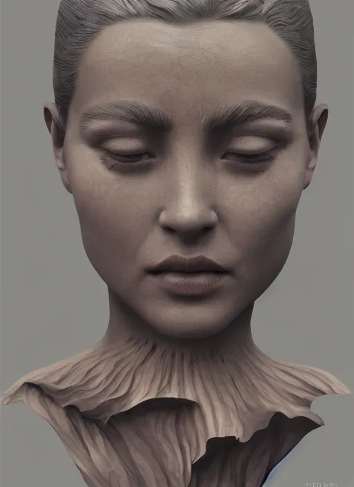 Image similar to sculpture made of wood, portrait, female, future, harper's bazaar, vogue, magazine, intricate, concept art, close up, ornate, luxury, elite, elegant, trending on artstation, by ruan jia, by Kenneth Willardt, by ross tran, by WLOP, by Andrei Riabovitchev,