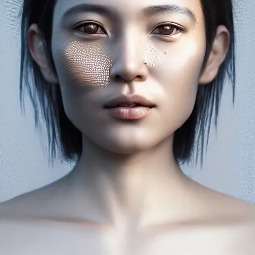 Prompt: asian - european woman face portrait, face covered with chrome lines, ethereal, highly detailed, by andrew chiampo, beeple, artstation, and frederik heyman, extremely detailed woman, stunning volumetric lighting, hyper realism, fantasy, intricate detail,