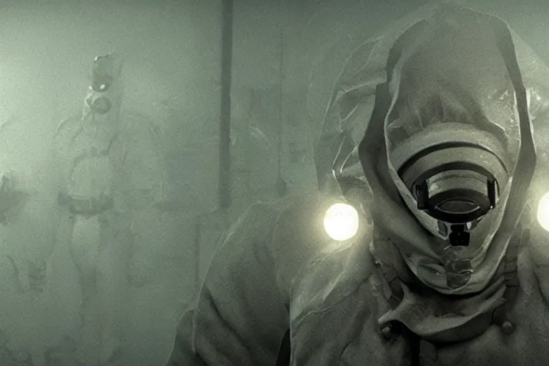 Prompt: a man in a hazmat suit deals with monsters, science lab setting, in the style of silent hill, octane