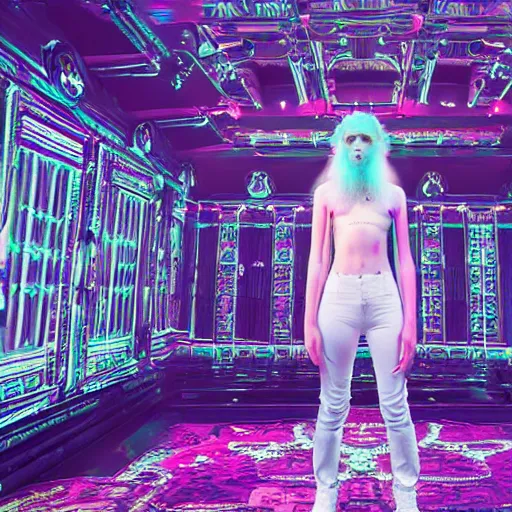 Image similar to a highly detailed cinematic wide shot of Grimes in a large room simulation with holographic symbolic codes