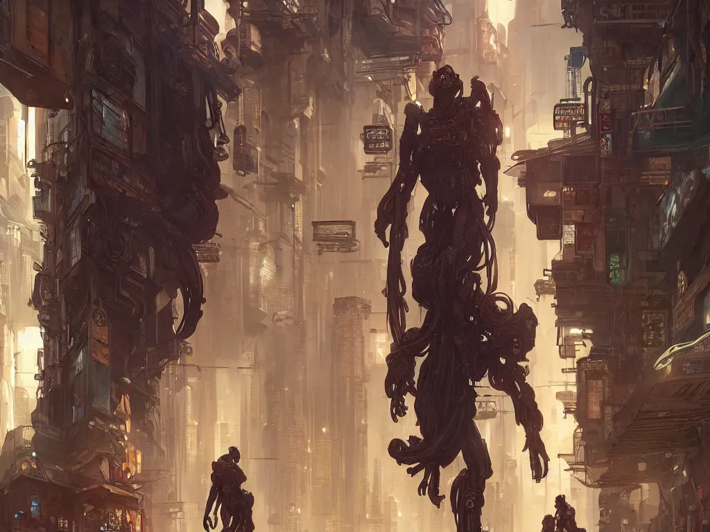 Image similar to a big monkey walking among people in open door market, cyberpunk, sci-fi, fantasy, intricate, elegant, highly detailed, digital painting, artstation, concept art, smooth, sharp focus, illustration, art by Yintion J - Jiang Geping and artgerm and greg rutkowski and alphonse mucha