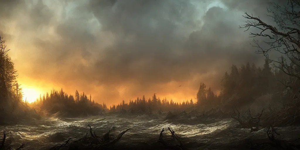 Prompt: epic ship view of a long shoreline on the edge of a dark forest and hills with evil eyes glowing between trees, drowned medieval woman shipwrecked on the shore, far in the distance is a vertical beam of light, dramatic dark glowing golden neon sunset, dynamic lighting, hyperrealistic, hd 4 k, artstation