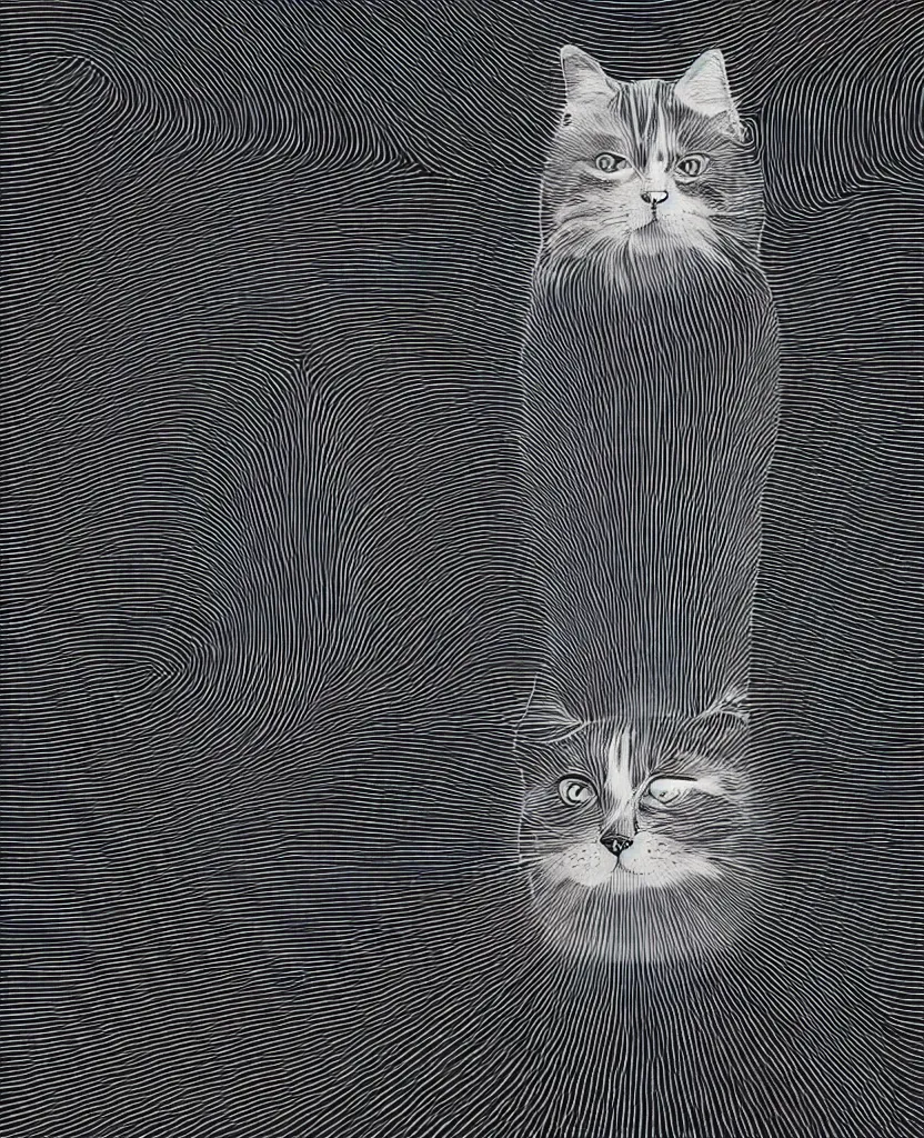 Prompt: the shape silhouette of a fluffy cat filled by a volumetric stacked plot of radio emissions from a pulsar, making up a cat design isolated on black cotton, highly detailed high resolution, t-shirt design in the style of FELIPE PANTONE 4K