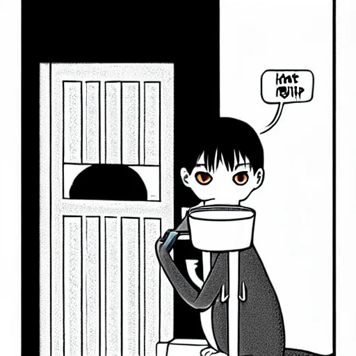 Image similar to a grey british short cat is sitting in front of a closed white door. the cat is holding a megaphone. the cat is meowing through the megaphone. creepy. manga art by Junji Ito.