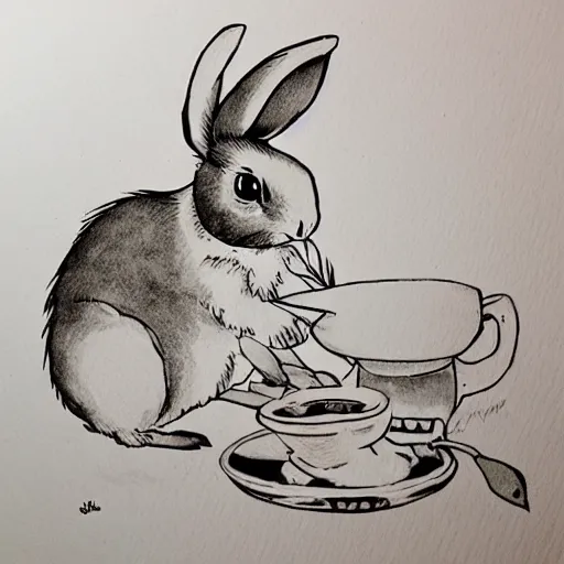 Image similar to ink portrait of a cute rabbit drinking tea with an owl, studio Ghibli