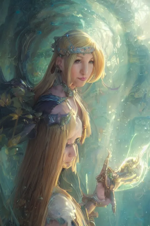 Prompt: lisa kudrow as anime girl, mushroom kingdom, fantasy character portrait, concept art, sorceress, magical aura, bright, interesting angle, intricate details, highly detailed by greg rutkowski, gaston bussiere, simon bisley