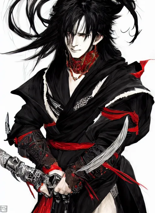 Image similar to Half body portrait of a handsome elf fire mage with long black hair wearing ornate scarlet robe, crazy grin, flame, anarchy. In style of Yoji Shinkawa and Hyung-tae Kim, trending on ArtStation, dark fantasy, great composition, concept art, highly detailed, dynamic pose.