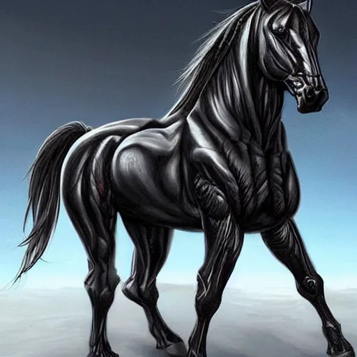 Image similar to a black exaggeratedly muscular anthropomorphized horse with a magnificently muscular physique wearing a skintight cybernetic armor while protecting a facility, long white mane, equine, anthro art, furaffinity, highly detailed, realistic, digital painting, artstation, sharp focus, concept art, illustration, art by artgerm, greg rutkowski, wlop