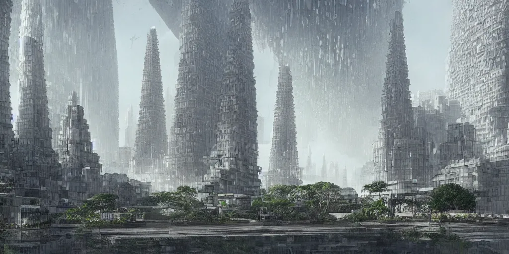 Image similar to city and temples, but with trees and water, arab architectural and brutalism and gigantism, composition idea concept art for movies, style of denis villeneuve and greg fraiser