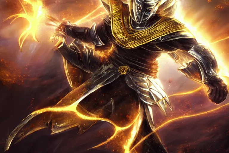 Image similar to an ultra detailed portrait of saladin as a shonen anime protagonist charging into battle wearing bright gold armor and huge flaming longsword blessed by god, epic anime fantasy, 8 k, volumetric lighting, smooth, highly detailed, digital illustration, art by kentaro miura and akira toriyama and albert bierstadt and greg rutkowsi, artstation