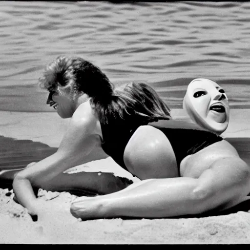 Image similar to 1981 woman on tv show wearing a happy squishy inflatable prosthetic mask, soft color wearing a swimsuit at the beach 1981 color film 16mm holding a an inflatable fish Fellini John Waters Russ Meyer Doris Wishman old photo