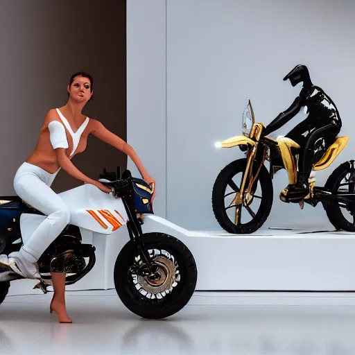 Prompt: a beautiful cinematic lit scene in the guggenheim museum of a white armless marble statue of a woman, with a motorcycle in background with motocross colors and corporate logos in the style of virgil abloh, matthew williams, offwhite, givenchy