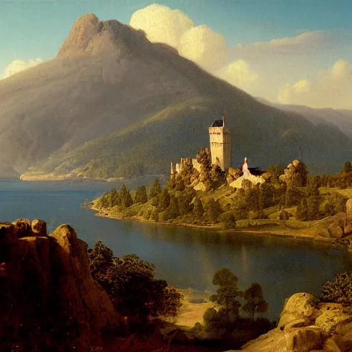 Prompt: a painting of a castle on top of a mountain, a matte painting by Charles Cundall,hudson river school, matte painting, rococo, detailed painting