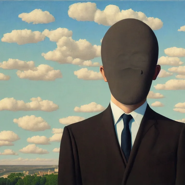 Image similar to portrait of a faceless shadow - head man in a suit, clouds in the background, by rene magritte, detailed painting, distance, centered, hd, hq, high resolution, high detail, 4 k, 8 k