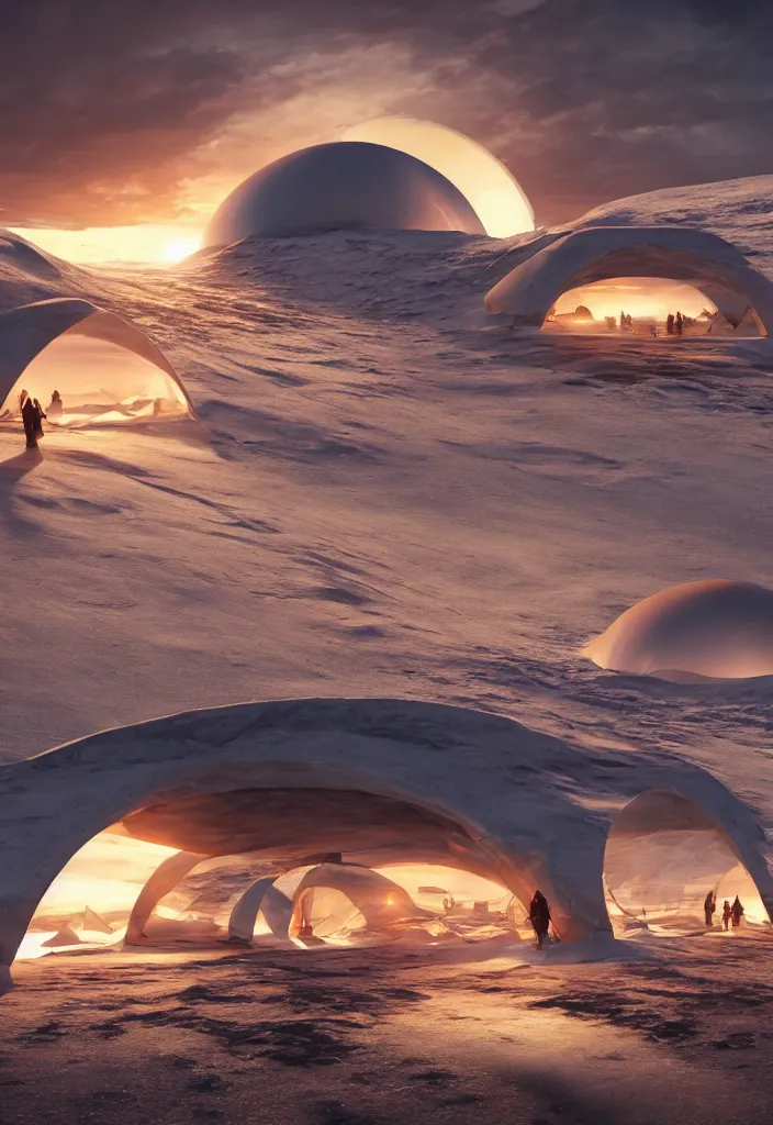 Image similar to Multiple tunnels in antartica with a transparent roof that shows a beautiful sunset, multiple people in the tunnels around campfires and futuristic igloos, facinating, fantasy digital art, octane render, beautiful composition, trending on artstation, award-winning photograph, masterpiece