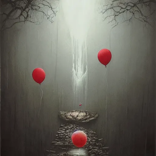 Prompt: grunge painting of a waterfall with a wide smile and a red balloon by Zdzisław Beksiński, loony toons style, pennywise style, corpse bride style, creepy lighting, horror theme, detailed, elegant, intricate, conceptual, volumetric light