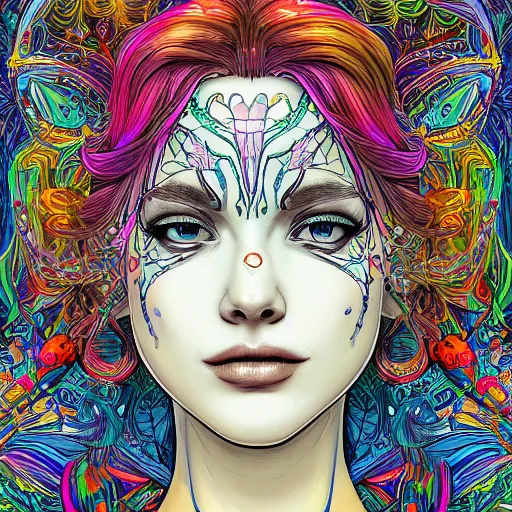 Image similar to the face of a ridiculously beautiful and pretty woman partially made of onion rings of all colors looking up, an ultrafine detailed illustration by james jean, final fantasy, intricate linework, bright colors, behance contest winner, vanitas, angular, altermodern, unreal engine 5 highly rendered, global illumination, radiant light, detailed and intricate environment