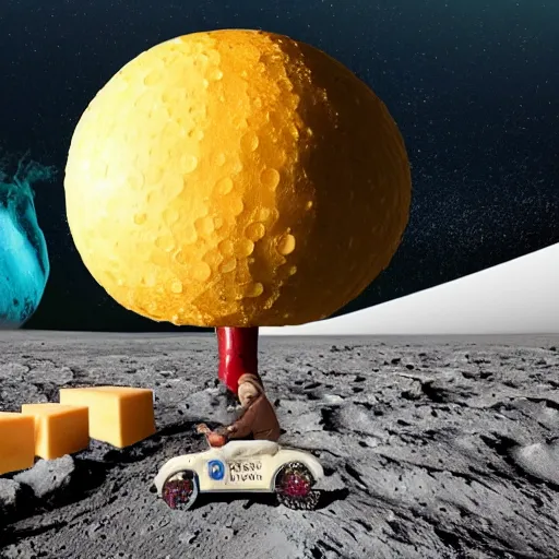 Image similar to a wheel of cheese is cycling fast on a bike on the surface of the moon and drives away from a huge and dangerousmushroom cloud of a nuclear explosion. photorealistic