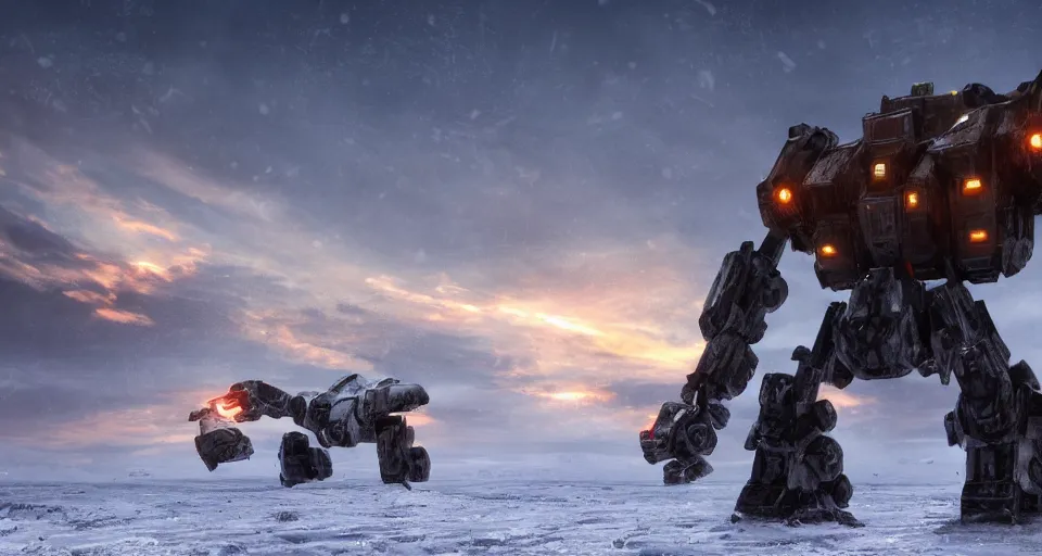 Prompt: mechwarrior standing in a vast, icy landscape, snow, blizzard, sunset, atmospheric, by artgerm, 8 k, octane render, unreal engine, artstation, concept art