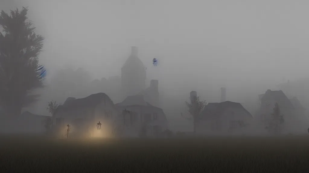 Prompt: village with many beautiful houses in the fog, fog, volumetric lighting, mystique, atmospheric, in the style of the game inside, sharp focus, ultra detailed, noir arthouse, 4 k, cinematic, 3 5 mm