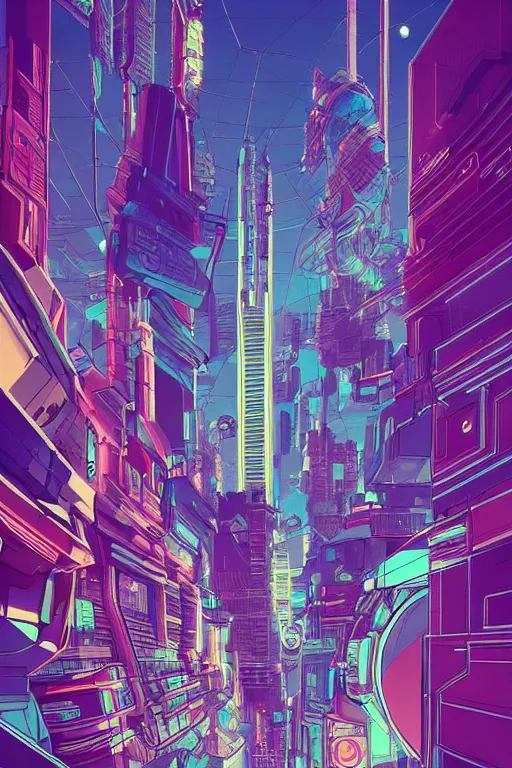 Prompt: astronaut cyberpunk surreal upside down city, neon lights, sharp edges, flat colors, cell shaded by moebius, Jean Giraud, trending on artstation