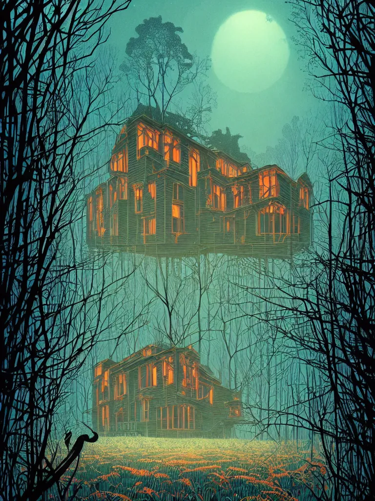 Prompt: symmetry!! stunning abandoned house in the woods!! by victo ngai, kilian eng vibrant colours, dynamic lighting, digital art, winning award masterpiece, fantastically beautiful, illustration, aesthetically inspired by beksinski and dan mumford, trending on artstation, art by greg rutkowski, 8 k