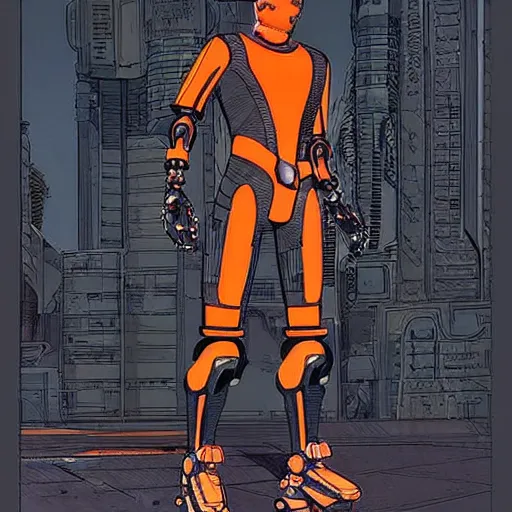 Prompt: cyberpunk athlete dude with robotic feet. orange and black color scheme. concept art by james gurney and mœbius. apex legends character art