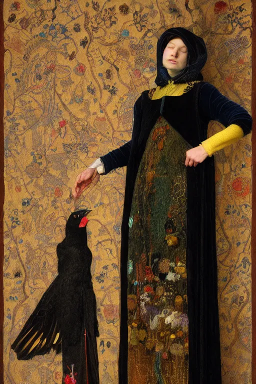 Image similar to portrait of an anthropomorphic black crow wearing clothes, by Donato Giancola and John Bauer and Vermeer, embroidered velvet waistcoat, iridescent beetles, rich color, featured on Artstation, cgisociety, unreal engine, extremely detailed