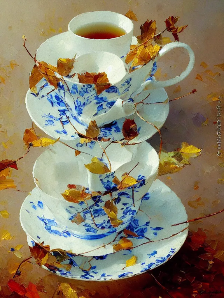 Image similar to tea cup, friends, amazing impressionistic oil painting by alexi zaitsev, melinda matyas, denis sarazhin, karl spitzweg, intricate details, fractal leaves, high quality, brush strokes, award winning, sharp focus, cool white