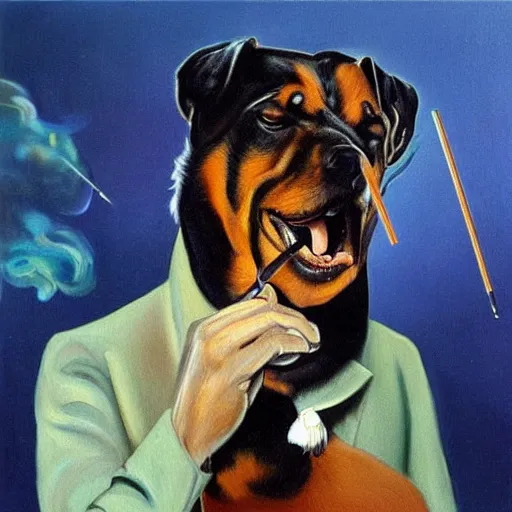 Image similar to oil painting by salvador dali of a rottweiler smoking a cigarette