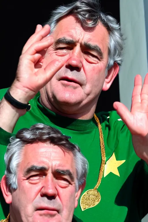 Prompt: gordon brown, dark black hair, wearing a green umbro tracksuit and gold necklace star shaped medallion, hands raised in the air,