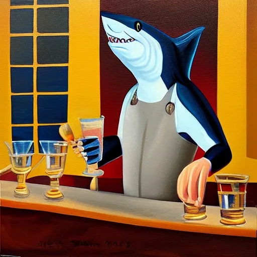 Prompt: Shark bartender, high quality painting