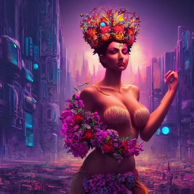 Image similar to Beautiful 3d render of the flower queen goddess in a sensual pose, in the style of Dan Mumford, with a crowded futuristic cyberpunk city in the background, astrophotgraphy