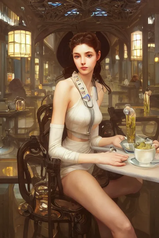 Image similar to an attractive serene cute android in a cafe, partially human , partially biomedical design , natural atmosphere, great high details, highly reaslitic, cinematic lighting, intricate, elegant, super highly detailed, art station, concept arD, beautiful, delicate, art by artgerm and greg rutkowski and alphonse mucha and loish and WLOP