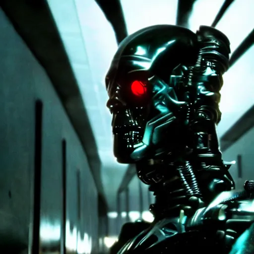 Prompt: movie still of a villain cyborg, facial expression, cinematic composition, cinematic light, surreal cinema, by edgar wright and david lynch,