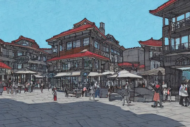 Image similar to townsquare in a sunny day, artwork by tooth wu, very coherent, dark shadow, thick lineart