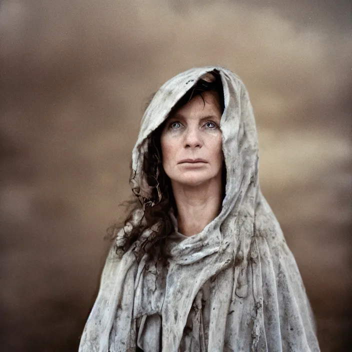 Prompt: closeup portrait of a woman wearing a cloak made of clouds, standing in a desolate abandoned house, by Annie Leibovitz and Steve McCurry, natural light, detailed face, CANON Eos C300, ƒ1.8, 35mm, 8K, medium-format print