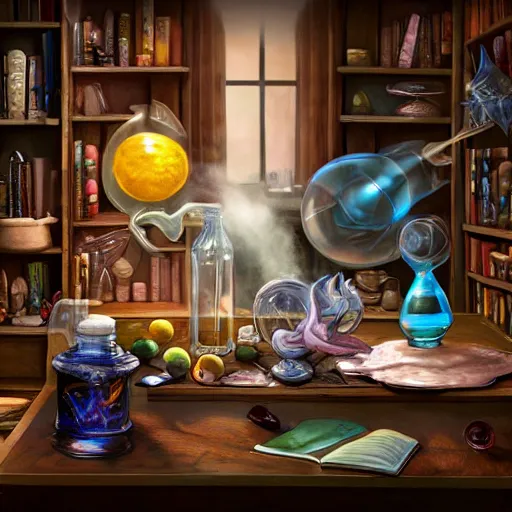 Image similar to hyper real, table, wizards laboratory, lisa parker, tony sart, mortar, pestle, scales with magic powder, energy flowing, magic book, beakers of colored liquid