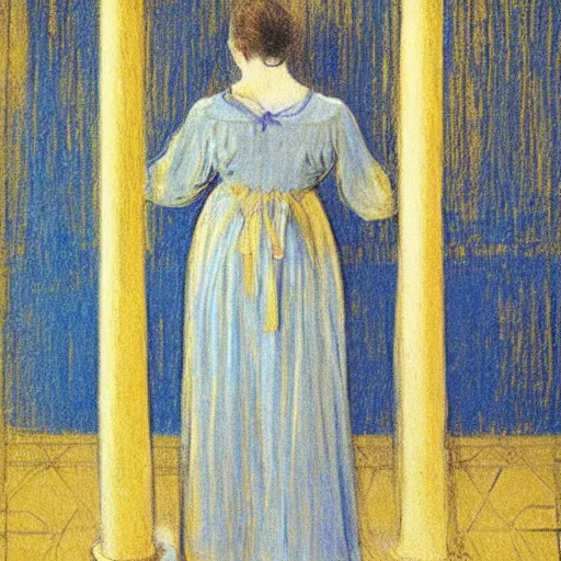 Prompt: a girl in a blue and gold liminal haunted ivory room, film still by goya, by koloman moser, elegant drawing, digital painting, jugendstil, art noveau, strong lights, flat colors, pastel colors