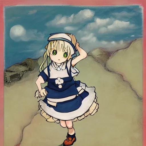 Image similar to little girl with an small curvy blonde hair wearing an sailor suit, artwork in made in abyss art style, inspired in balthus, high details